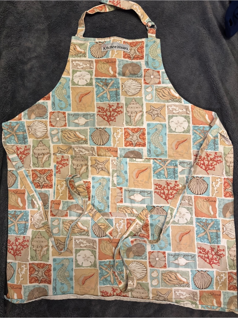 Coastal Patchwork Apron in Blue, Coral, and Tan